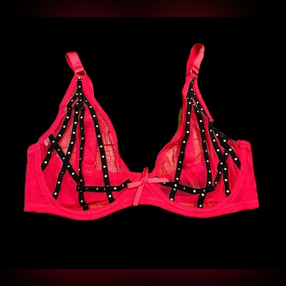 NWT Frederick's Of Hollywood Rozlyn Sheer Red Mesh and Stud Underwire Bra, 34DD - Picture 5 of 12